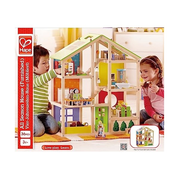 Hape Maison de Poupées Toute Saison Meublée - Pour Enfants 2 ans et Plus - Idéale pour Jeux de Rôle, Communication et Échange