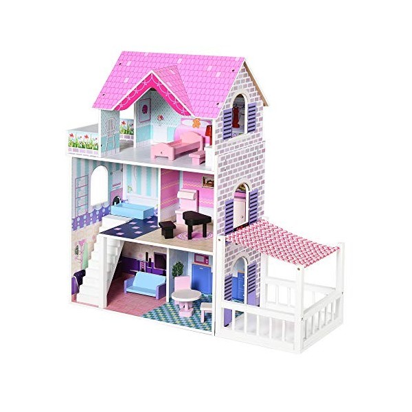 HOMCOM Maison de poupée en Bois Jeu dimitation avec 13 Accessoires Grand réalisme Multi-équipements 3 Niveaux escalier terra