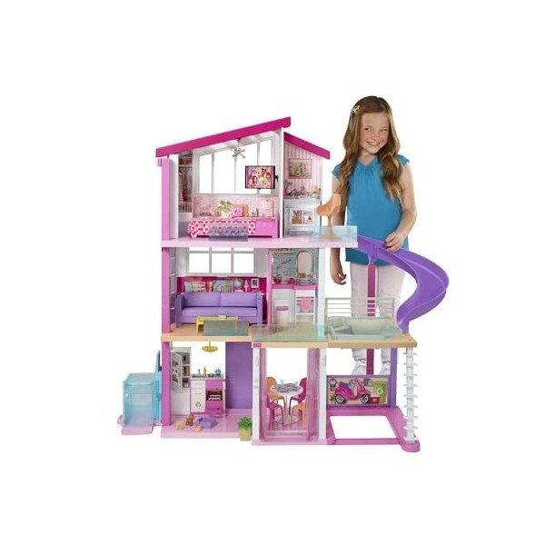 Barbie Maison De Rêve, 3 Niveaux, Avec 8 Pièces Dont Une Piscine, Un Toboggan, Un Ascenseur Accessible Pour Fauteuil Roulant,