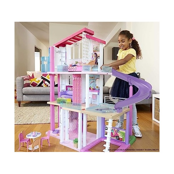 Barbie Maison De Rêve, 3 Niveaux, Avec 8 Pièces Dont Une Piscine, Un Toboggan, Un Ascenseur Accessible Pour Fauteuil Roulant,