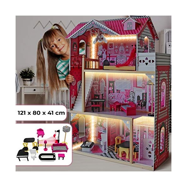 Infantastic® XXXL Maison de Poupée en Bois avec lumières LED - 121 x 80 x 41 cm, 3 Étages, Grand, Meubles et Accessoires Incl