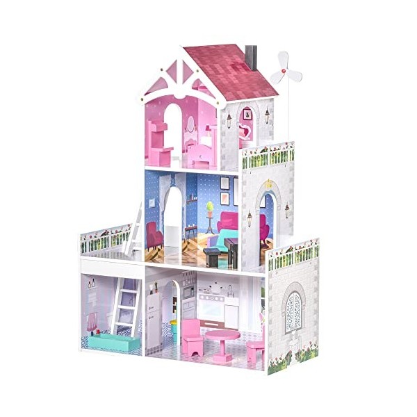 HOMCOM Maison de poupée 3 étages Jeu dimitation avec 13 Accessoires Grand réalisme Multi-équipements MDF Rose