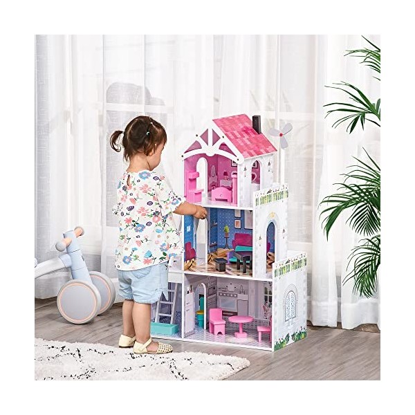 HOMCOM Maison de poupée 3 étages Jeu dimitation avec 13 Accessoires Grand réalisme Multi-équipements MDF Rose