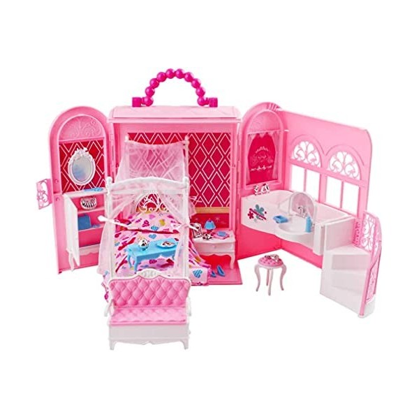 deAO 2 en 1 Caisse Transportable et Chambre de Poupée Princesse Deluxe avec 23 Meubles，Maison de Rêve pour poupées pour Fille
