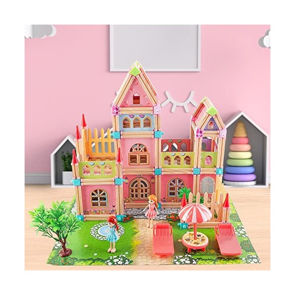 deAO Maison De Poupée Dream House Princess Castle Playset pour Enfants, 183 pièces Château De Poupée À 3 Étages avec 2 Figuri