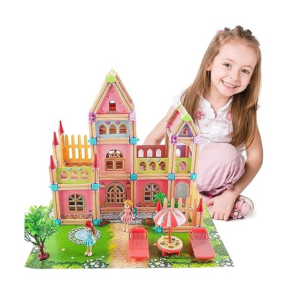 deAO Maison De Poupée Dream House Princess Castle Playset pour Enfants, 183 pièces Château De Poupée À 3 Étages avec 2 Figuri