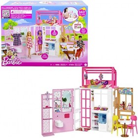Barbie Coffret Maison De Poupée Meublée Avec Espace De Jeu À 360 Degrés, 2 Niveaux Et 4 Zones De Jeu, Chiot Et Accessoires In