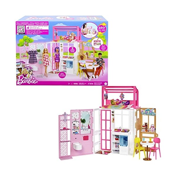 Barbie Coffret Maison De Poupée Meublée Avec Espace De Jeu À 360 Degrés, 2 Niveaux Et 4 Zones De Jeu, Chiot Et Accessoires In