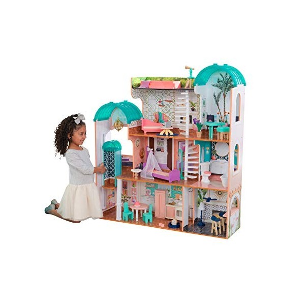 KidKraft Maison de Poupée en Bois Camila incluant Accessoires et mobilier avec Un Chat, élévateur et Piscine pour poupées, Jo