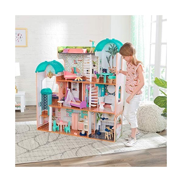 KidKraft Maison de Poupée en Bois Camila incluant Accessoires et mobilier avec Un Chat, élévateur et Piscine pour poupées, Jo