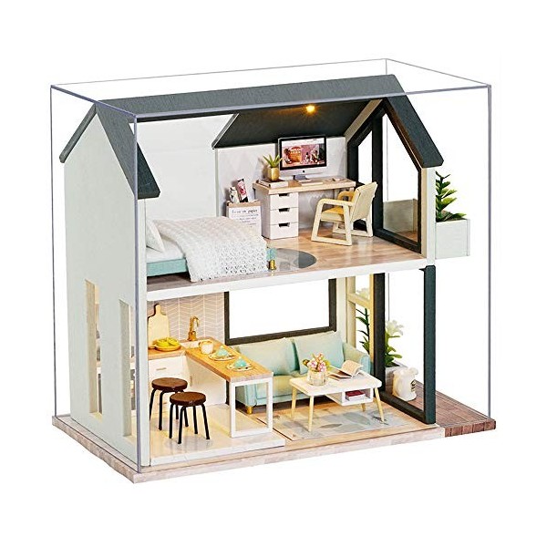 CUTEBEE Miniature avec des Meubles de Maison de poupée, kit DIY Dollhouse en Bois Ainsi Que la poussière et, 1:24 Salle créat