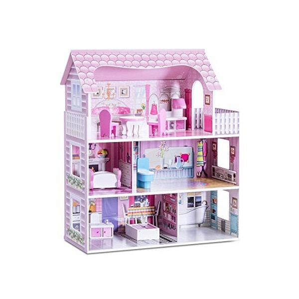 Giantex Maison de Poupées en Bois à 3 Etages, Maison de Rêves avec Accessoires Meubles de Jeu, Adaptés pour Enfants Fille, Ro