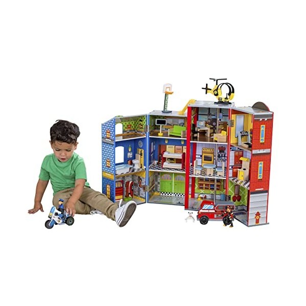 KidKraft Jouet Enfant en Bois Everyday Heroes, incluant Camion de Pompier, Voiture de Police, hélicoptère, Pompier et Chien F