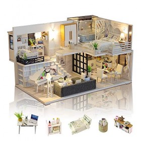 GuDoQi DIY Maison Miniature, 3D Maison Poupee Bois Kit avec Meubles et Musique, Lumière LED, Kit de Modèle Fait À La Main À C