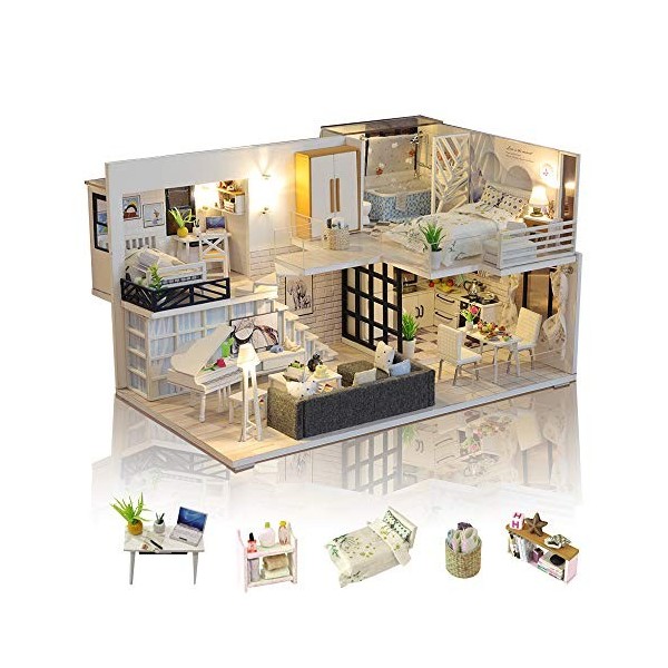 GuDoQi DIY Maison Miniature, 3D Maison Poupee Bois Kit avec Meubles et Musique, Lumière LED, Kit de Modèle Fait À La Main À C