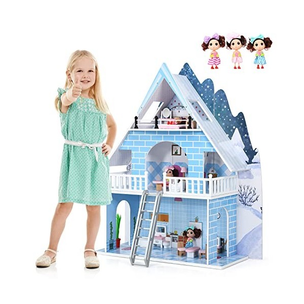 DREAMADE Maison de Poupées de 3 Étages, Meuble de Poupées pour Enfants avec Chambre, Cuisine et Salon, 15 Accessoires de Meub