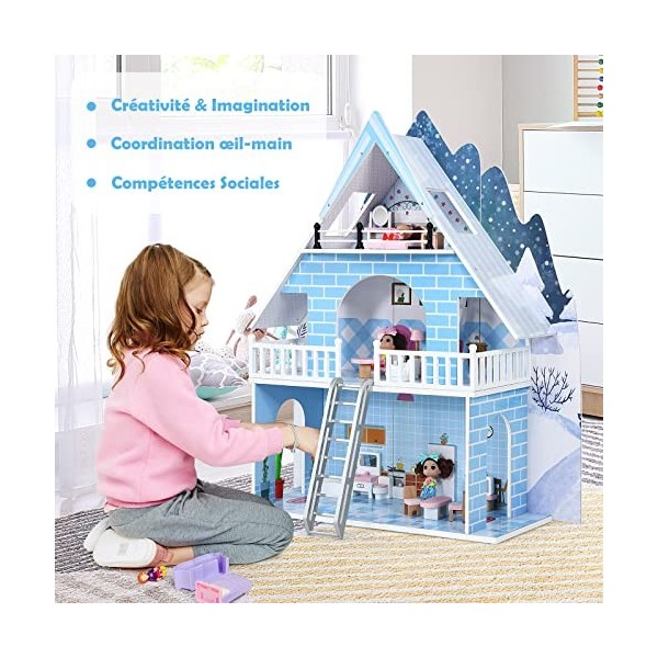 DREAMADE Maison de Poupées de 3 Étages, Meuble de Poupées pour Enfants avec Chambre, Cuisine et Salon, 15 Accessoires de Meub