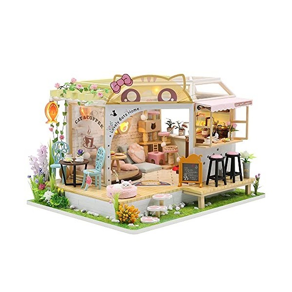 CUTEBEE Miniature avec des Meubles de Maison de poupée, kit DIY Dollhouse en Bois Ainsi Que la poussière et Le Mouvement de l