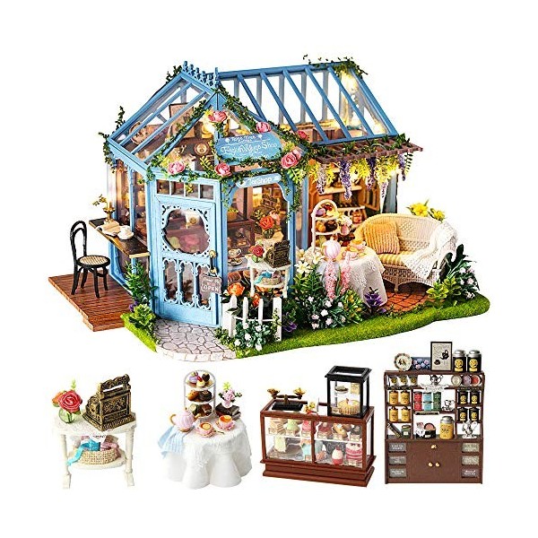 CUTEBEE Miniature avec des Meubles de Maison de poupée, kit DIY Dollhouse en Bois Ainsi Que la poussière et Le Mouvement de l