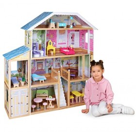 Infantastic® Maison de Poupée en Bois - 132 x 35.5 x 136 cm, 4 Étages, Incluant Meubles et Accessoires 29 Pièces , pour Poup