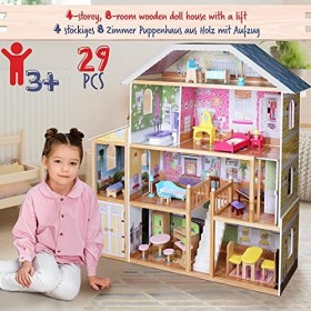 Infantastic® Maison de Poupée en Bois - 132&nbsp;x 35.5&nbsp;x 136&nbsp;cm, 4 Étages, Incluant Meubles et Accessoires 29 Pièces , pour Poup