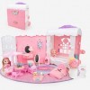 deAO Maison de poupée Portable 2 en 1 Rose - Kit de Jeu pour Enfants - Meubles pliants - Jouet Familial - Valise pour Enfants