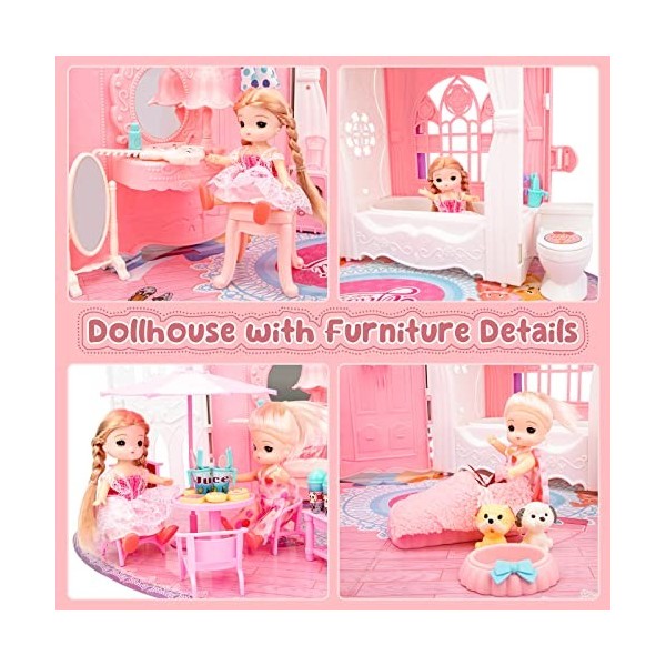 deAO Maison de poupée Portable 2 en 1 Rose - Kit de Jeu pour Enfants - Meubles pliants - Jouet Familial - Valise pour Enfants