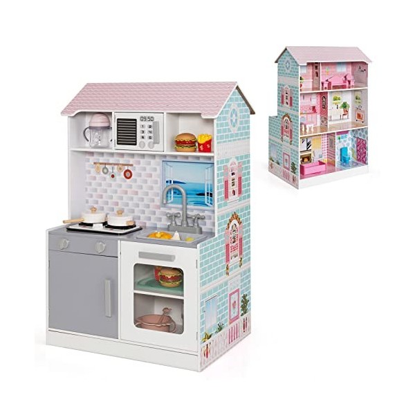 COSTWAY Maison de Poupée en Bois et Cuisine 2 en 1 Double Face pour Enfants 3 Ans+ avec Son Lumières Accessoires 3 Étages Jou