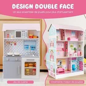 COSTWAY Maison de Poupée en Bois et Cuisine 2 en 1 Double Face pour Enfants 3 Ans+ avec Son Lumières Accessoires 3 Étages Jou