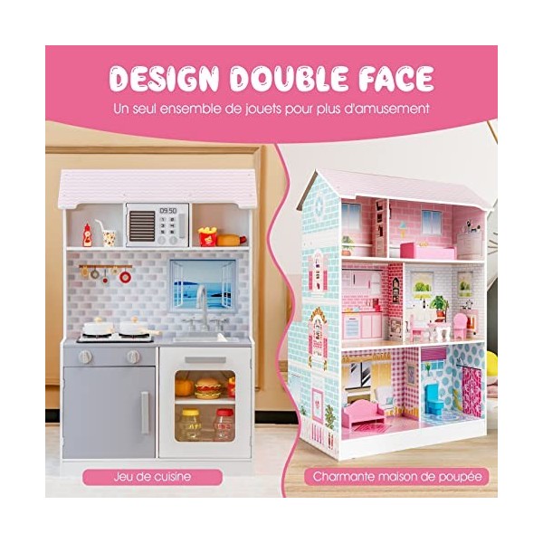 COSTWAY Maison de Poupée en Bois et Cuisine 2 en 1 Double Face pour Enfants 3 Ans+ avec Son Lumières Accessoires 3 Étages Jou