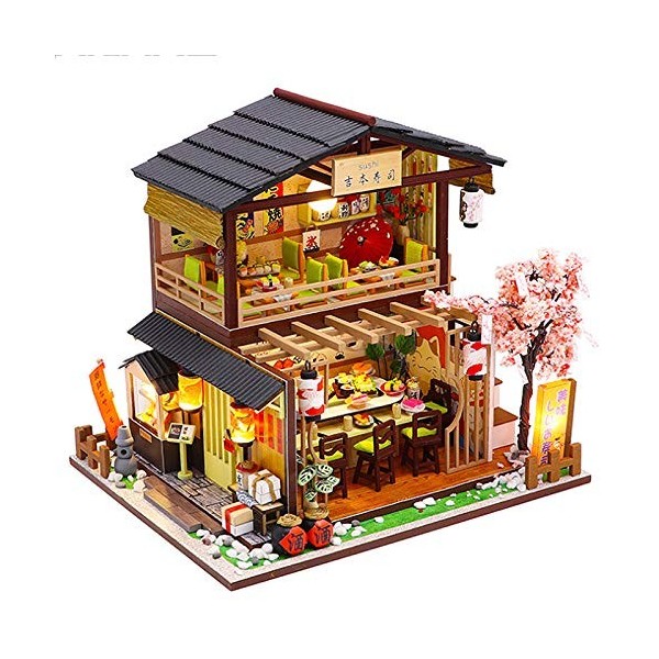 CUTEBEE Miniature avec des Meubles de Maison de poupée, kit DIY Dollhouse en Bois Ainsi Que la poussière et, 1:24 Salle créat
