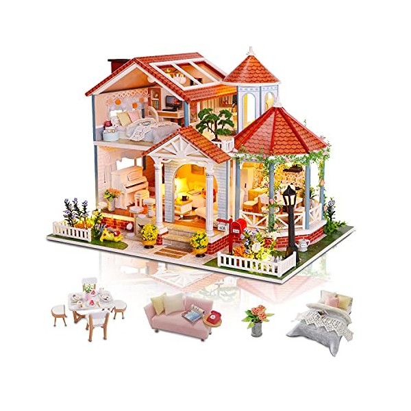 Cuteefun DIY Maison Miniature a Construire, Miniature Maison de Poupée Bois en Kit avec Musique et Mobilier, Cadeau Femme, Ca