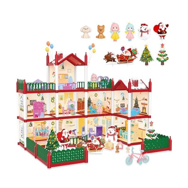 deAO DIY Noël Maison de poupées 3 étages, 8 pièces, Toit Plat, Cour, Xmas Maison Miniature Villa avec 2 poupées, 2 poupées Ch