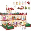 deAO DIY Noël Maison de poupées 3 étages, 8 pièces, Toit Plat, Cour, Xmas Maison Miniature Villa avec 2 poupées, 2 poupées Ch