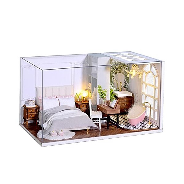 erhumama maison de poupée avec cache-poussière et kit de bricolage de meubles LED 1:32 chambre miniature salle de bain décora