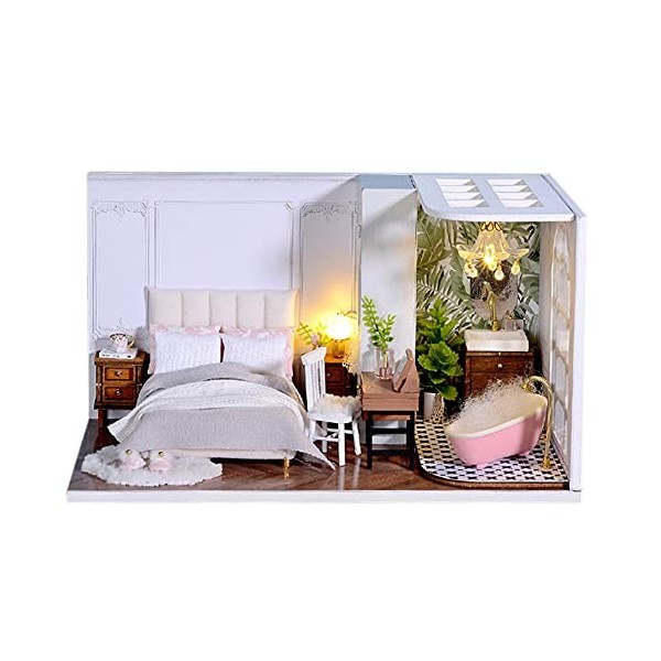 erhumama maison de poupée avec cache-poussière et kit de bricolage de meubles LED 1:32 chambre miniature salle de bain décora