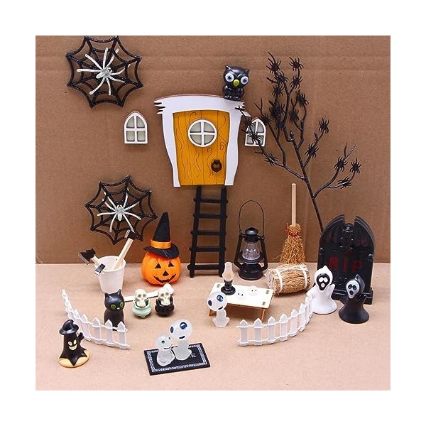 maison poupée dHalloween, jouet dhorreur miniature avec squelette citrouille et araignée – maison poupée miniature réutilis