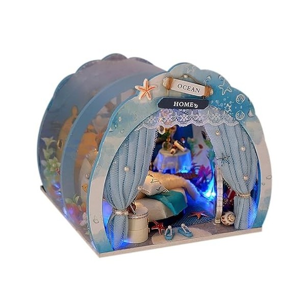 erhumama Maison de poupée tunnel océan avec meubles LED kit déclairage DIY maison de poupée miniature en bois Art romantique