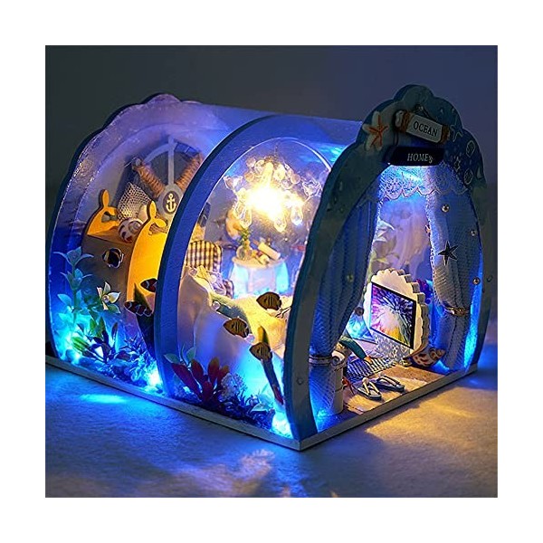 erhumama Maison de poupée tunnel océan avec meubles LED kit déclairage DIY maison de poupée miniature en bois Art romantique