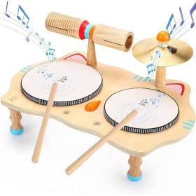 Jouet musical en bois Batterie pour enfants Instruments de musique 6 en 1 Jouets pour bébés Instruments de percussion 3-5 ans