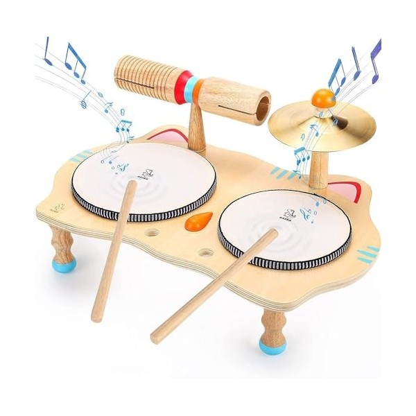 Jouet musical en bois Batterie pour enfants Instruments de musique 6 en 1 Jouets pour bébés Instruments de percussion 3-5 ans