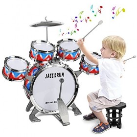 Kit de Batterie , Ensemble de Tambours de Jazz Pour Enfants 5 Tambours avec Tabouret Percussion Musique Anniversaire éDucatio