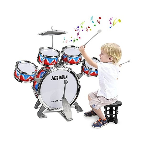 Batterie pour enfants - Kit de batterie jazz 5 tambours avec baguettes  tabouret cymbale