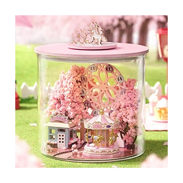 Mini Maison Fleur Cerisier Rougeoyante Maison Poupée Miniature avec des Meubles Maison Poupée Puzzle Maison Modèle Kits Const