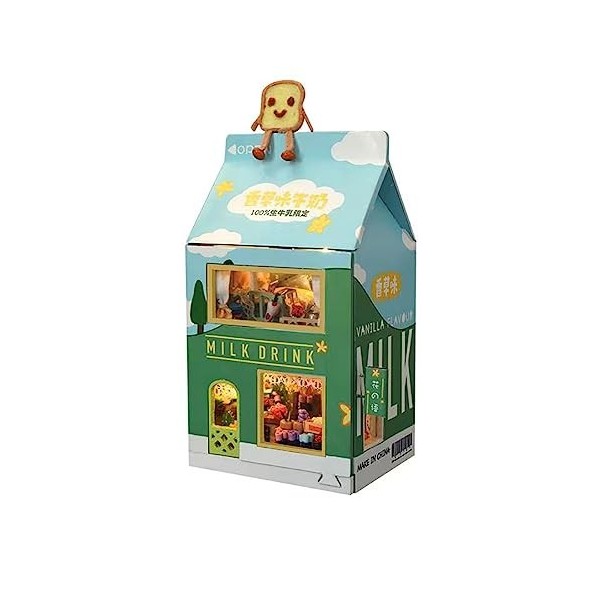 Kit de maison de poupée miniature et de meubles à faire soi-même, mini maison de poupée en bois 3D avec LED, carton de lait f