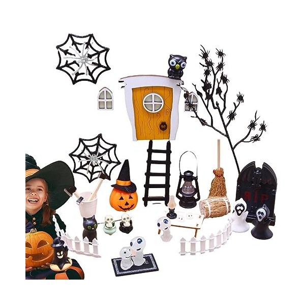 Maison poupée Halloween,Ensemble Jouets dhorreur Miniatures 35 pièces avec Squelette daraignée Citrouille - Paysage Jardin 