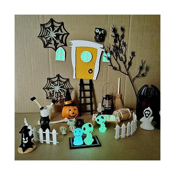 Maison poupée Halloween,Ensemble Jouets dhorreur Miniatures 35 pièces avec Squelette daraignée Citrouille - Paysage Jardin 