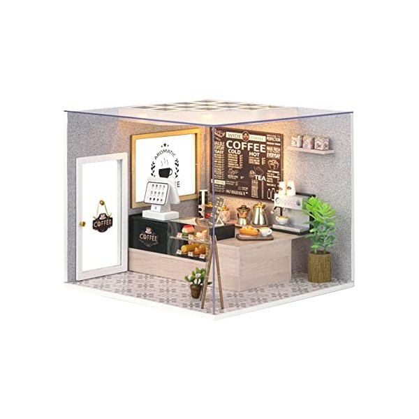 LYEAA Maison de poupée miniature en bois faite à la main avec lumières LED pour adultes de 14 ans et plus café 