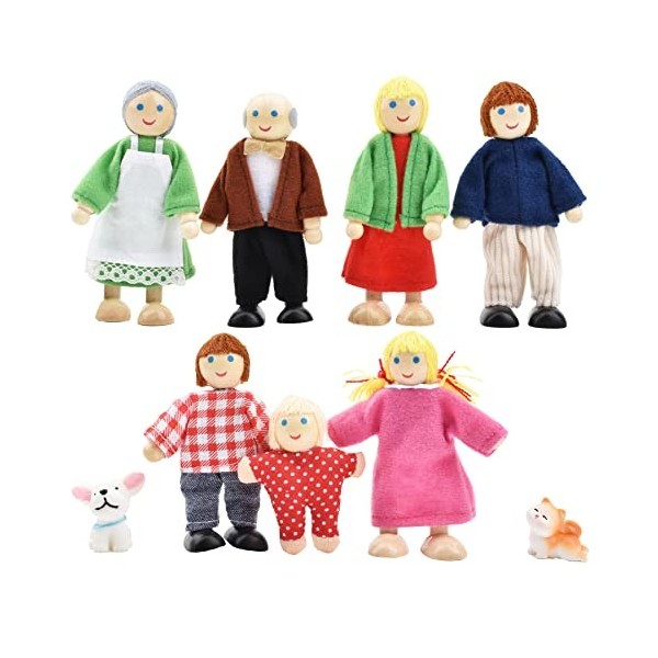Maison de poupées en bois avec chat et chien, figurines de poupées Happy Family pour maison de poupée, accessoires cadeau