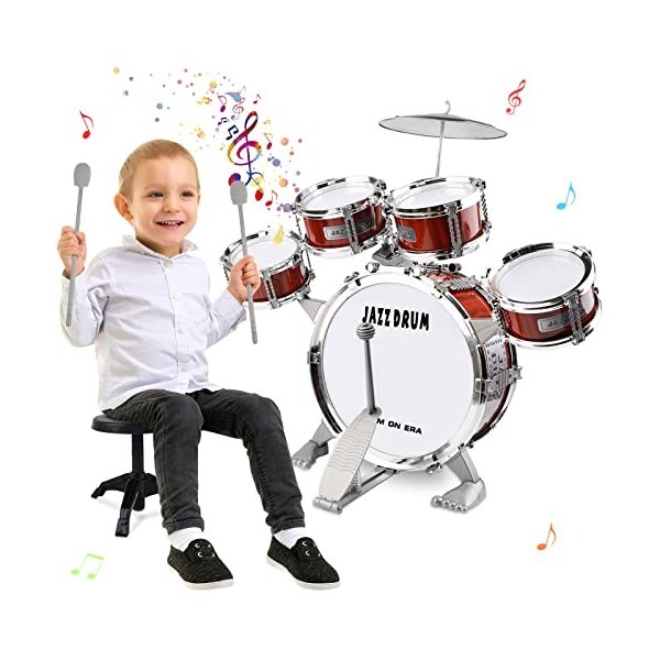 m zimoon Kit De Batterie Jazz Pour Enfants, 5 Tambours Avec Tabouret DéButants Instrument Musique à Batteries Et Percussions 
